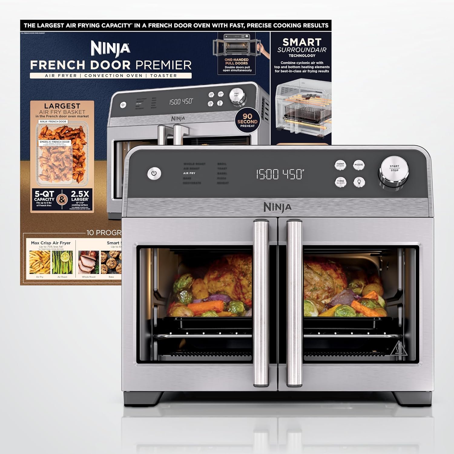 Ninja French Door Premier air fry oven in stainless steel with both doors closed