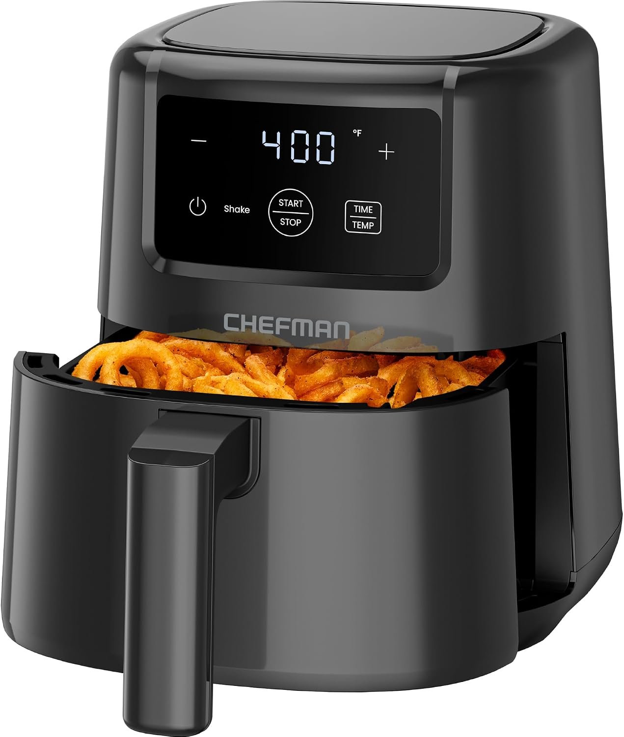 Chefman 2 quart mini air fryer in black with its basket pulled out and chips inside
