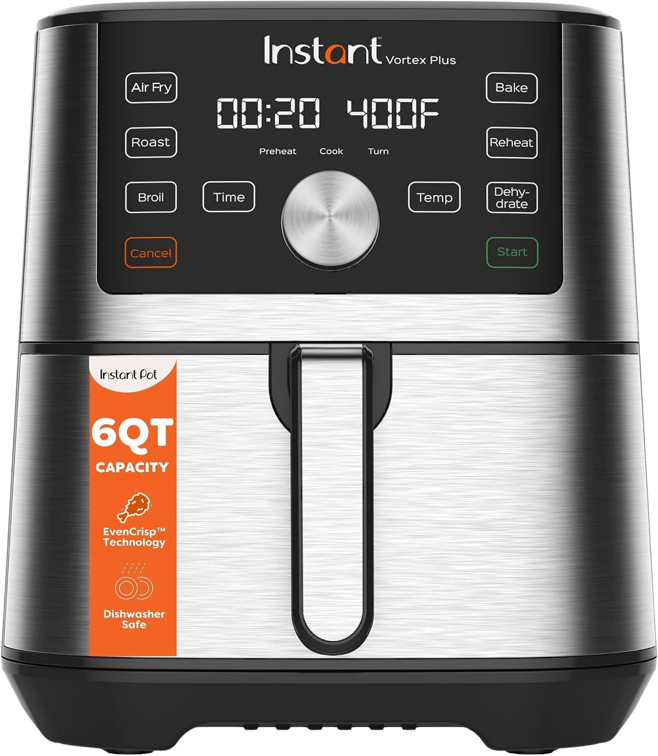 Instant Pot Vortex Plus 6 quart air fryer in stainless steel with its touchscreen panel lit