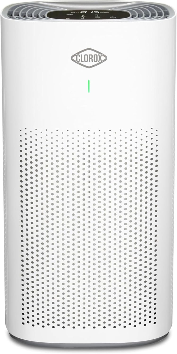 Clorox large room HEPA air purifier in white with a cylindrical 360 degree intake
