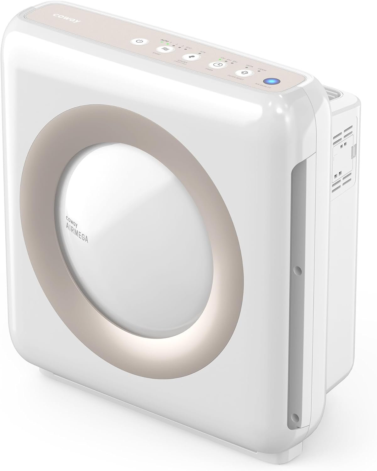 Coway air purifier in white with a circular front vent and an air quality indicator ring