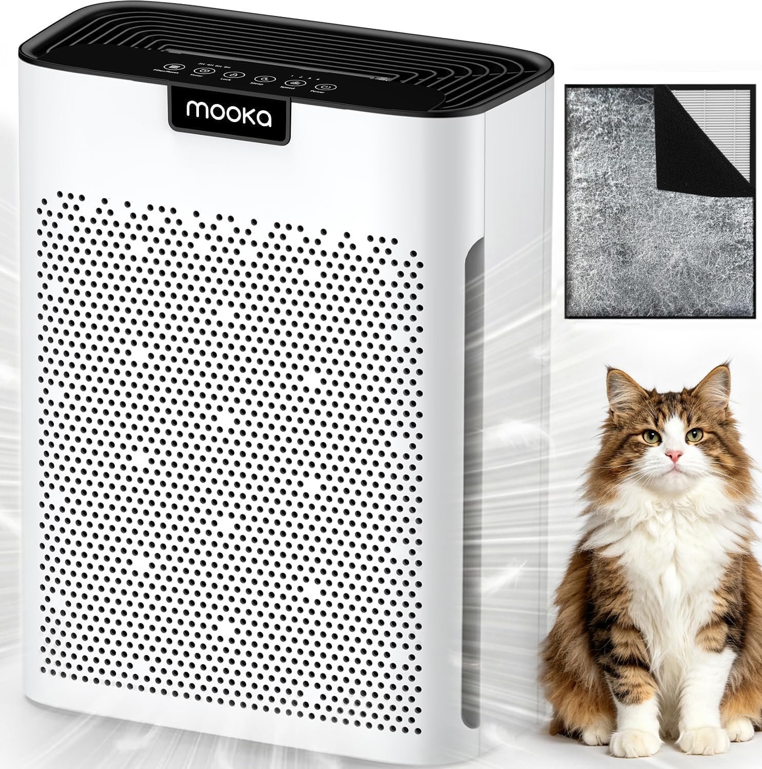 MOOKA air purifier in white with its filter and a cat shown beside it
