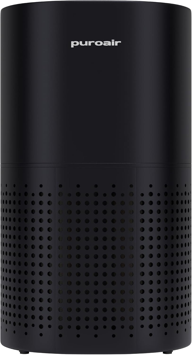 PuroAir 240 HEPA air purifier in black with a perforated cylindrical body