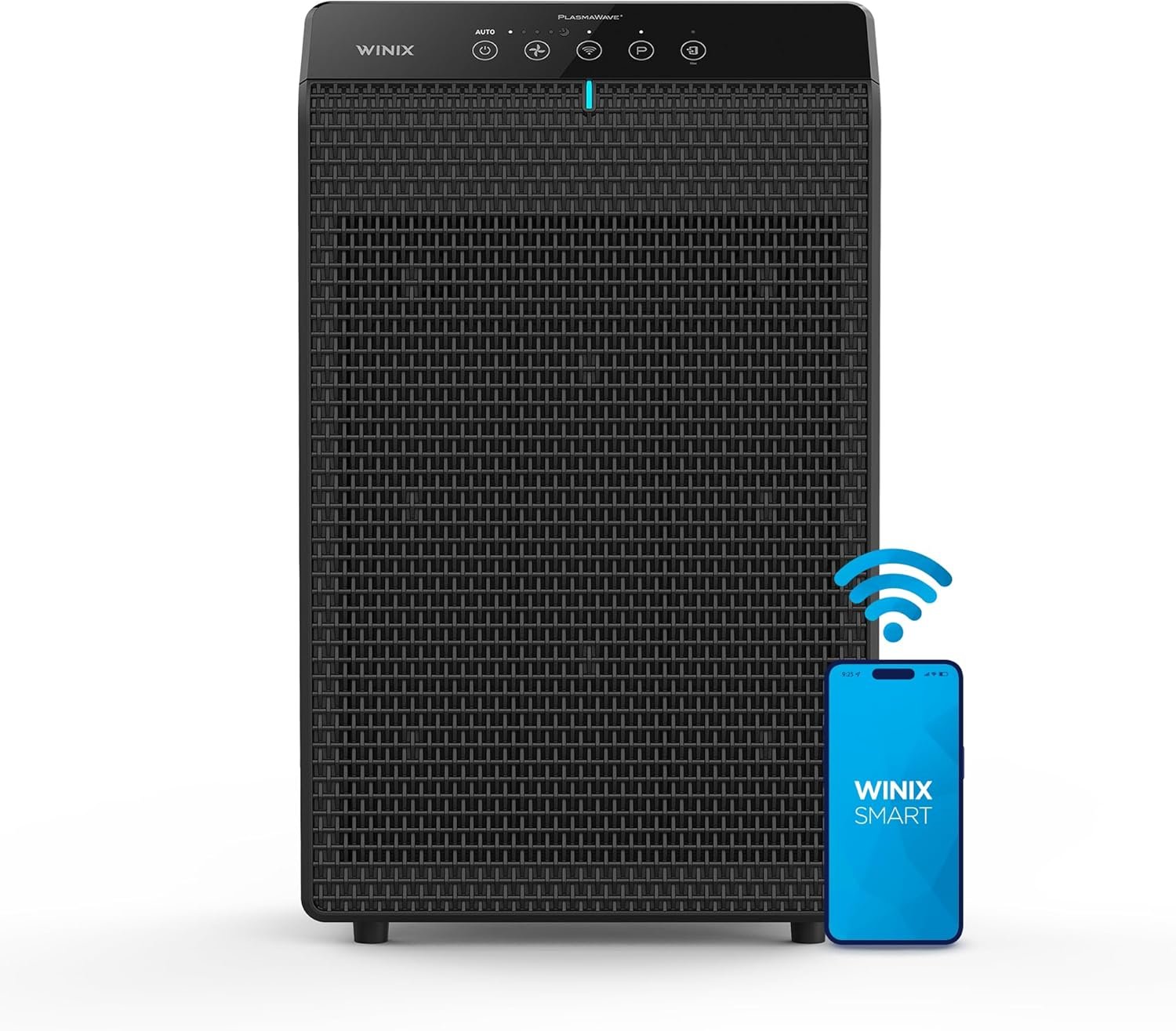 Winix 5520 air purifier in black with its mesh front panel and app control