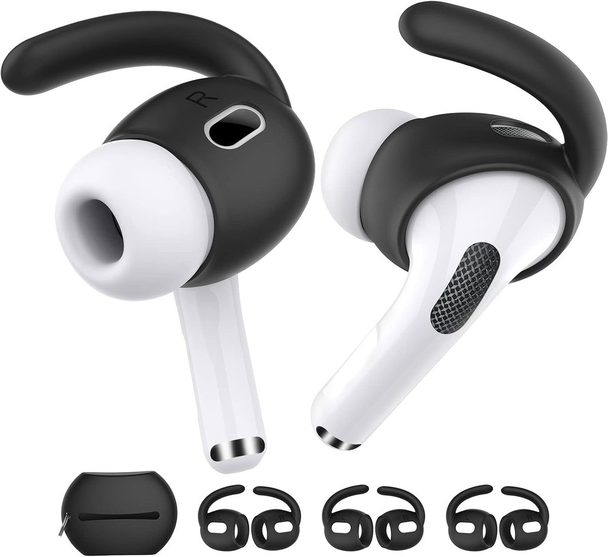 AhaStyle black silicone ear hook covers on AirPods Pro 2 earbuds with storage pouch