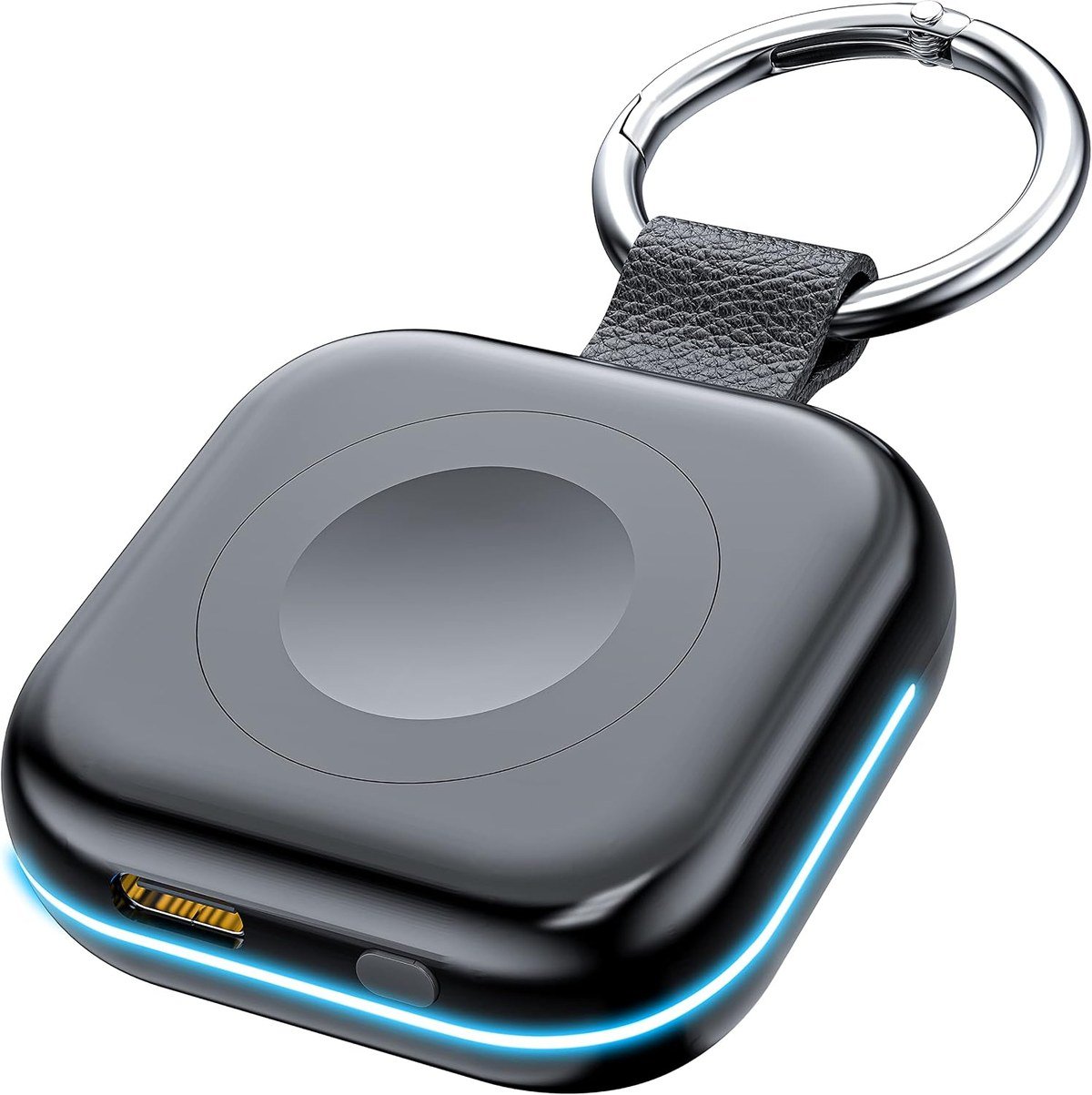 HUOTO watch-sized magnetic charger on a metal keychain