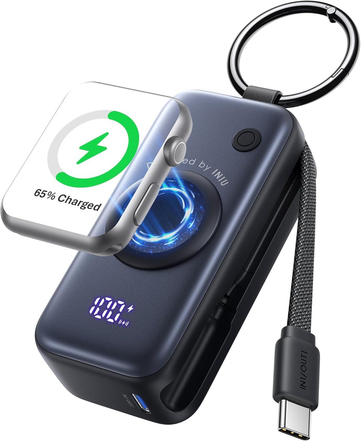 INIU SnapGo keychain power bank with an Apple Watch pad and braided USB-C cable