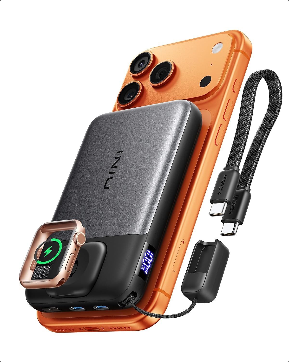 INIU magnetic power bank with a pop-out Apple Watch charger raised