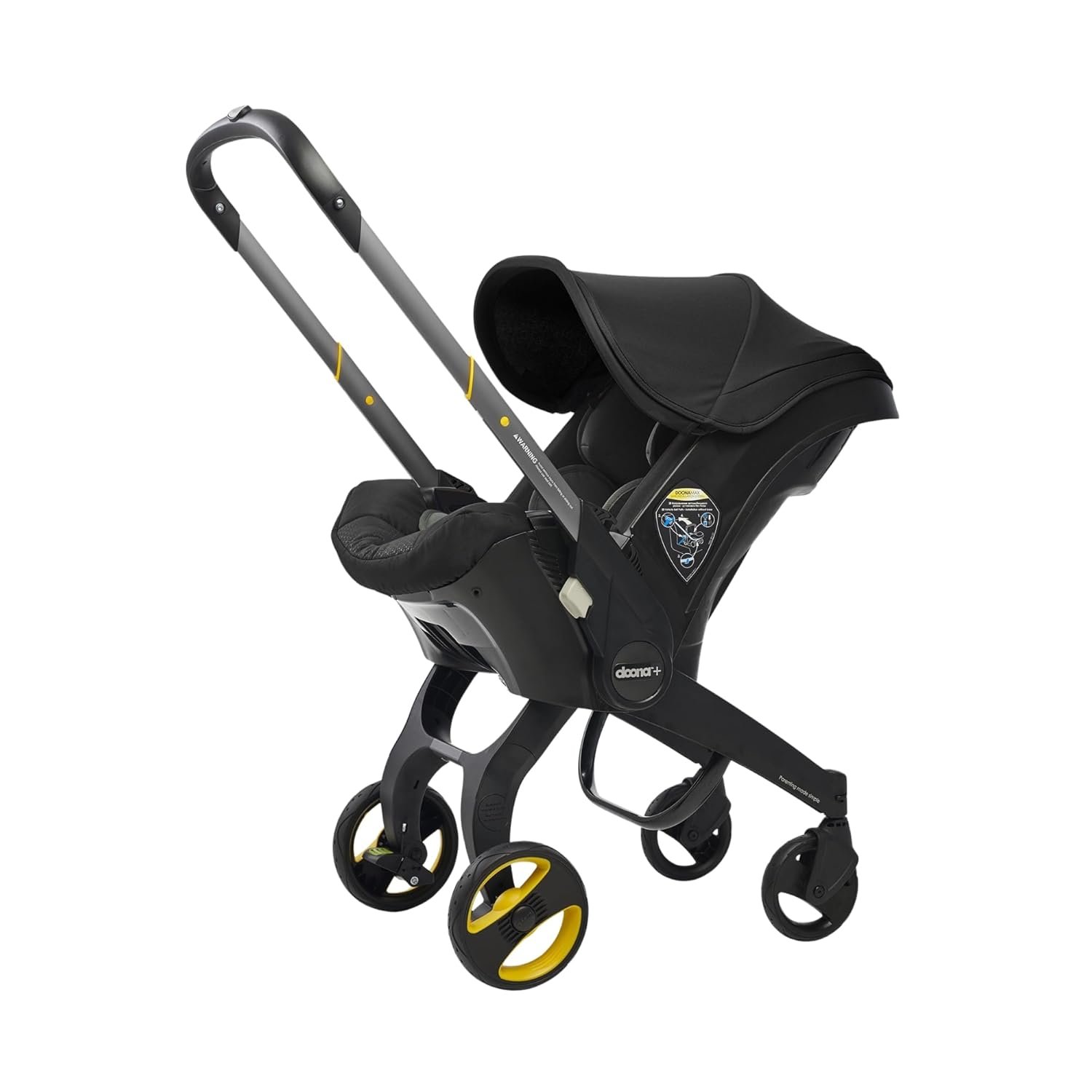 Doona all-in-one car seat and stroller in Nitro Black with its wheels folded down