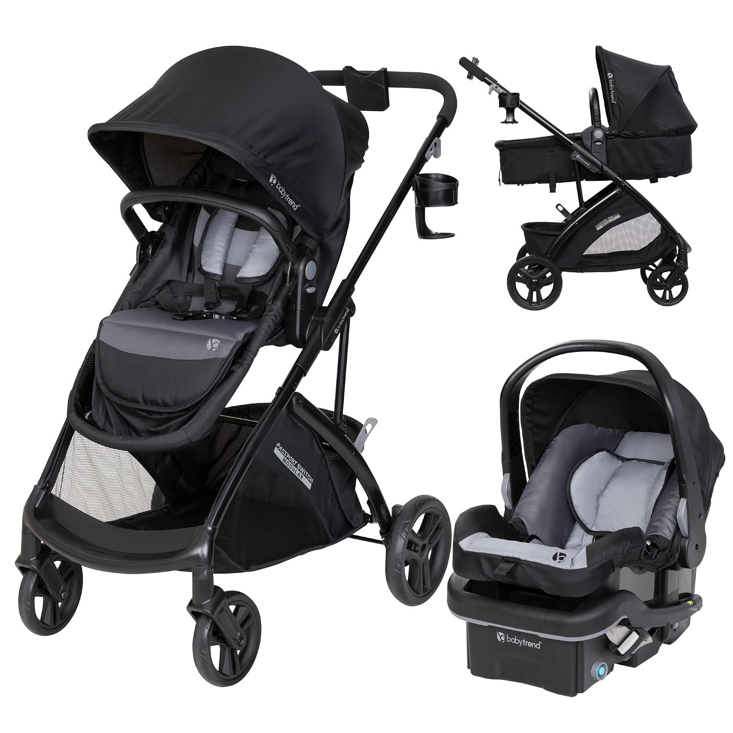 Baby Trend Passport Switch travel system in Dash Black with its bassinet and infant car seat