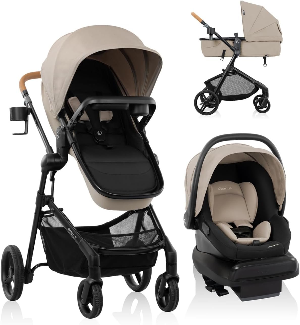 Evenflo Pivot NXT travel system in Latte Tan with the LiteMax NXT infant car seat