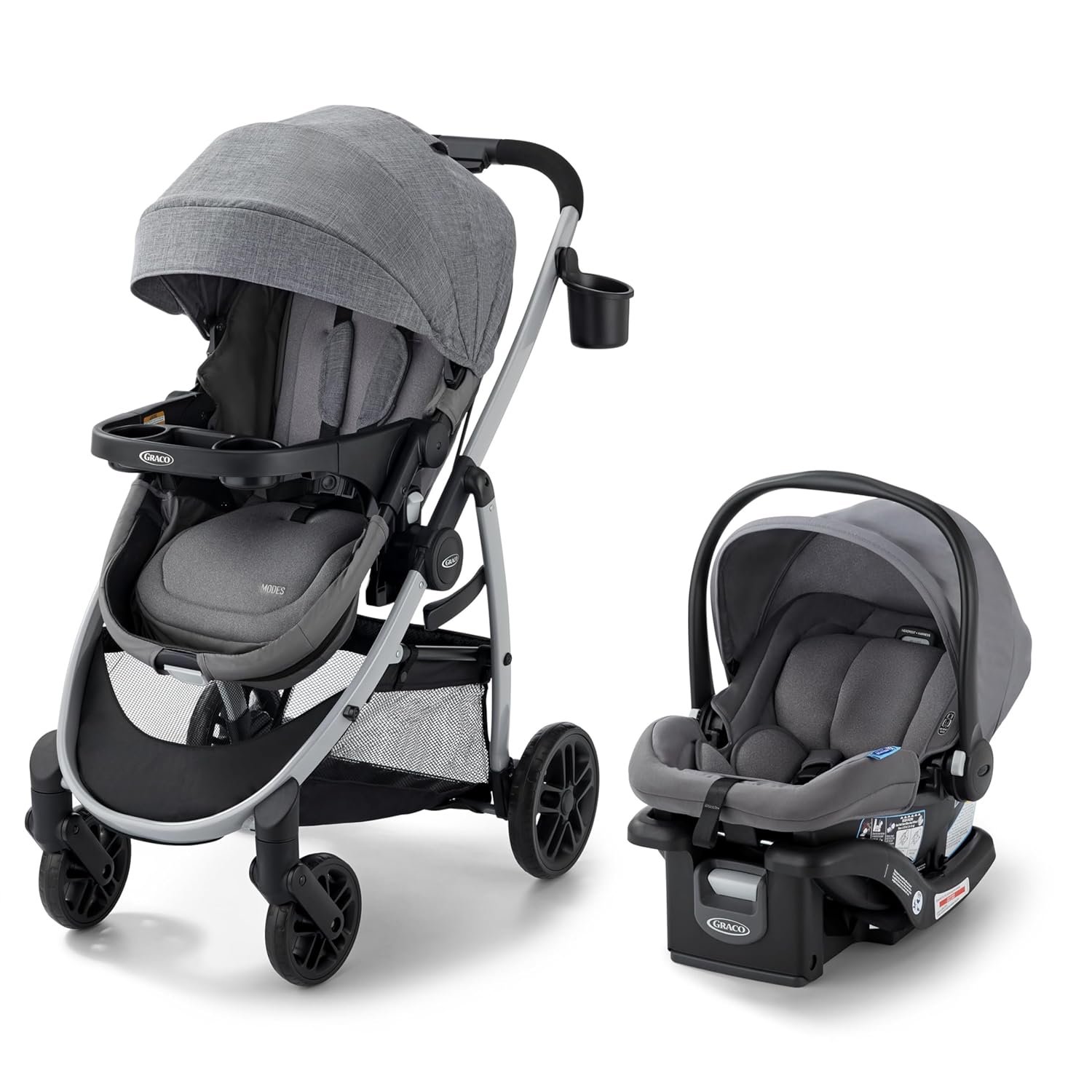 Graco Modes Pramette travel system with the seat in pramette mode beside its car seat