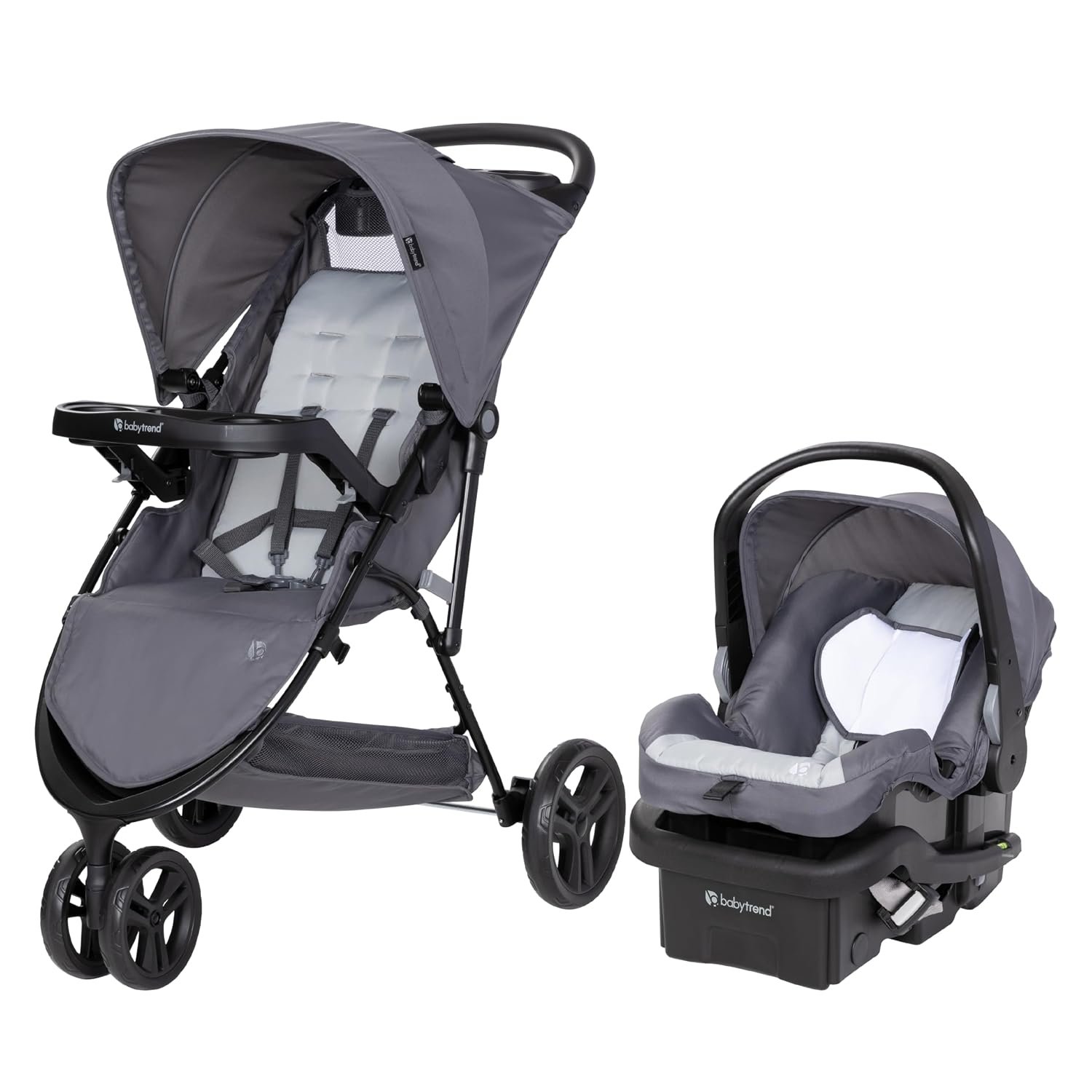 Baby Trend Venture three wheel travel system in Stellar Grey with its EZ-Lift car seat