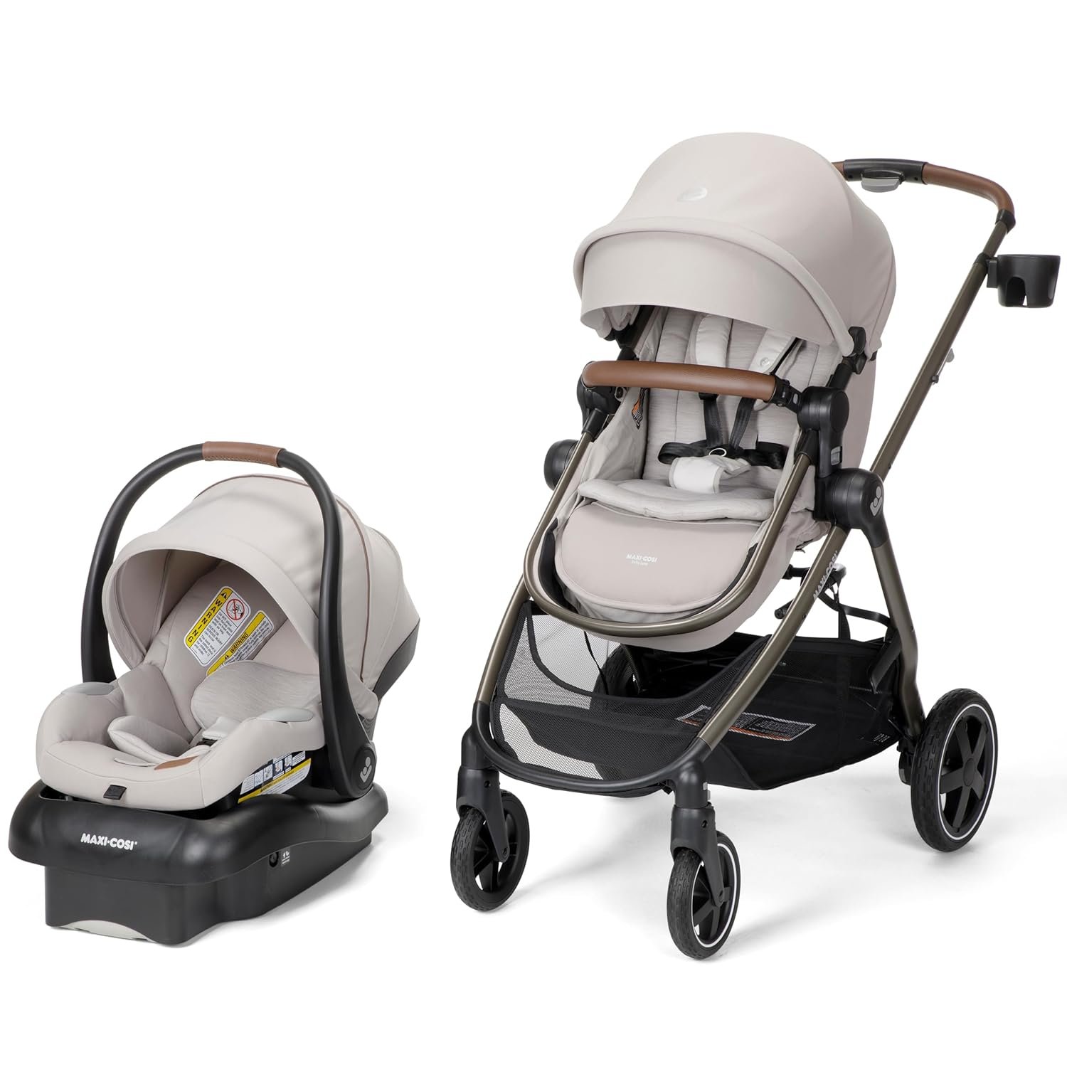 Maxi-Cosi Zelia 2 Luxe travel system in New Hope Tan with the Mico Pro infant car seat