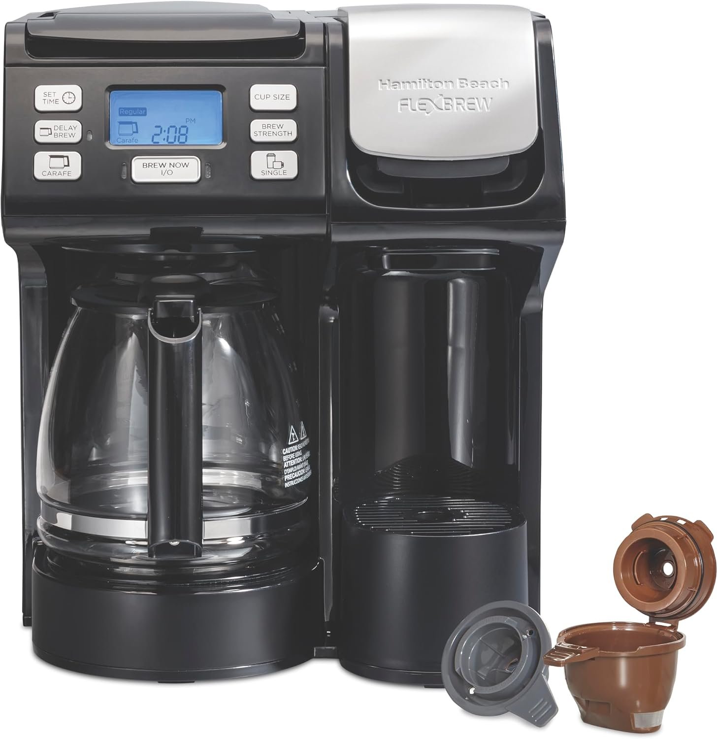 Hamilton Beach FlexBrew Trio coffee maker with a 12 cup carafe on one side and a pod brewer on the other