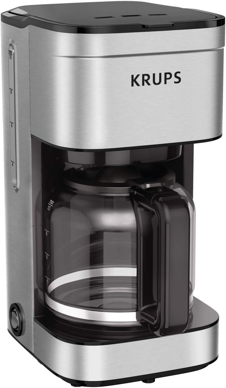 KRUPS Simply Brew 10 cup stainless steel drip coffee maker with a glass carafe