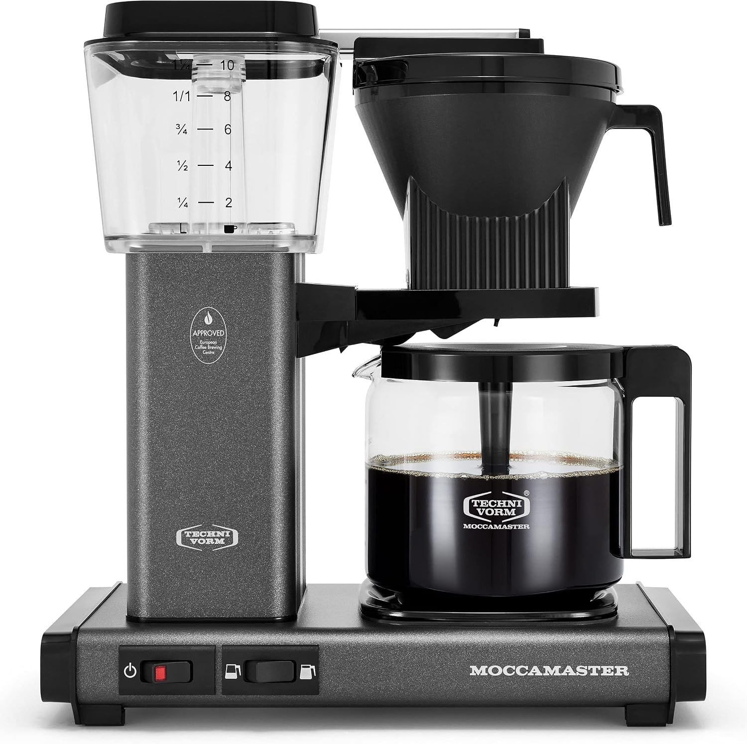 Technivorm Moccamaster KBGV Select coffee maker in stone grey with its glass carafe and copper heating element