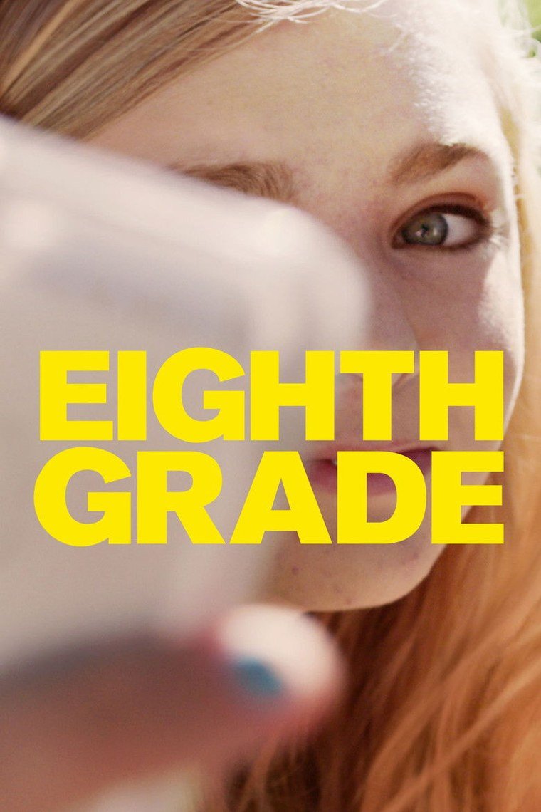 Eighth Grade poster showing a girl lit by a phone screen in a dark room