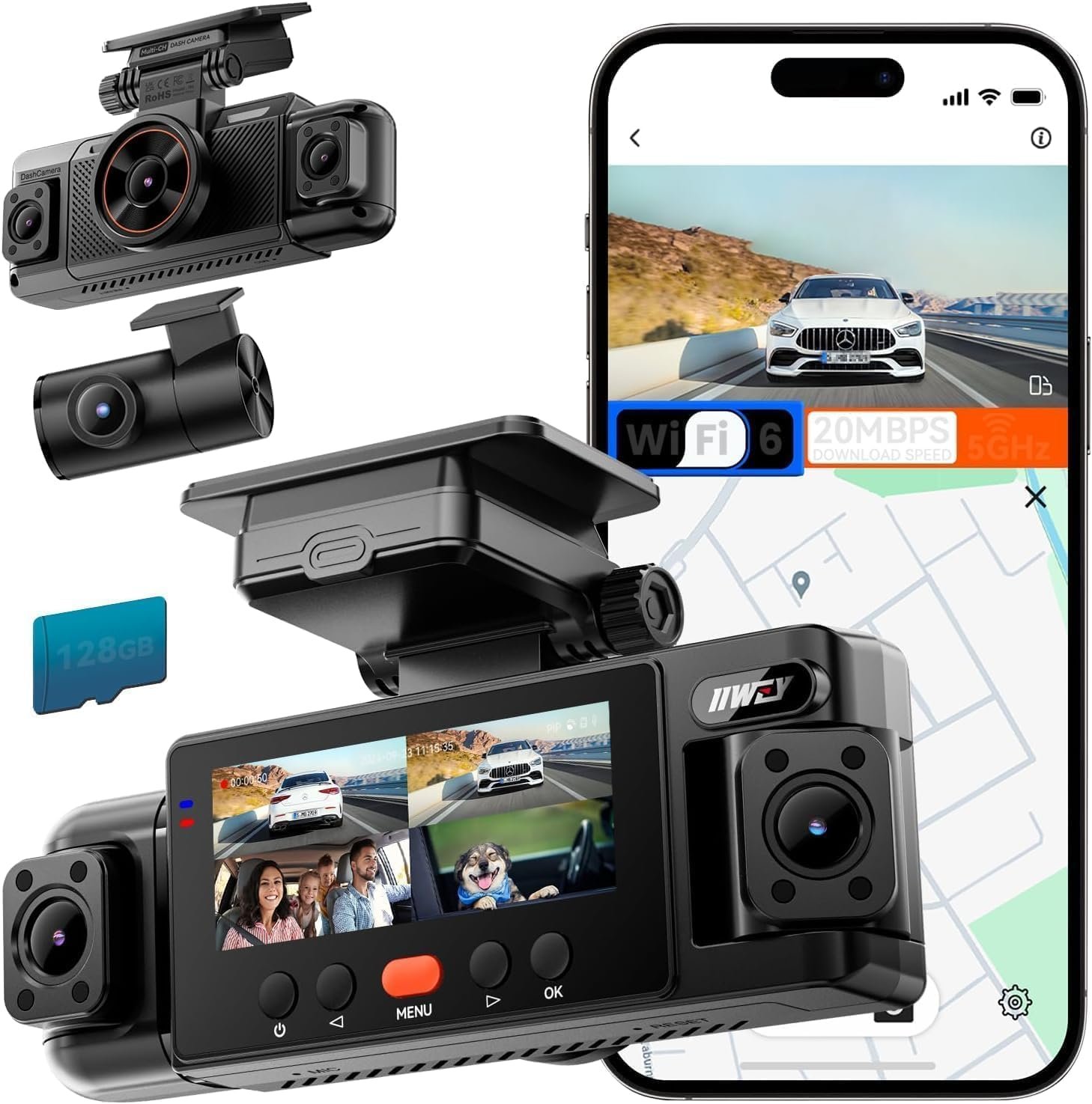 IIWEY N6 four channel 360 degree dash cam with its four camera modules and display