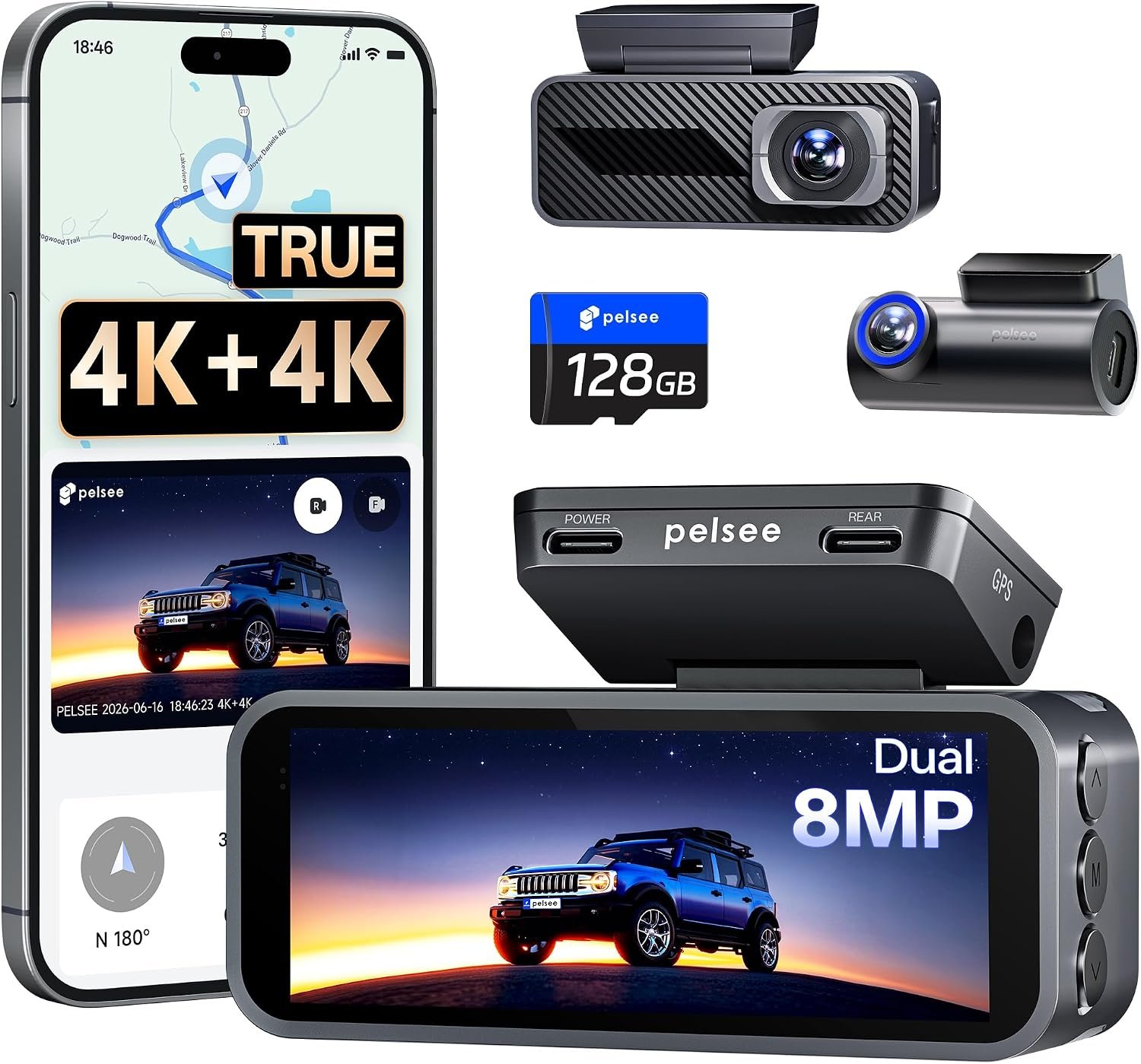 Pelsee S1 Pro dual 4K dash cam shown with its rear camera and a 128GB card