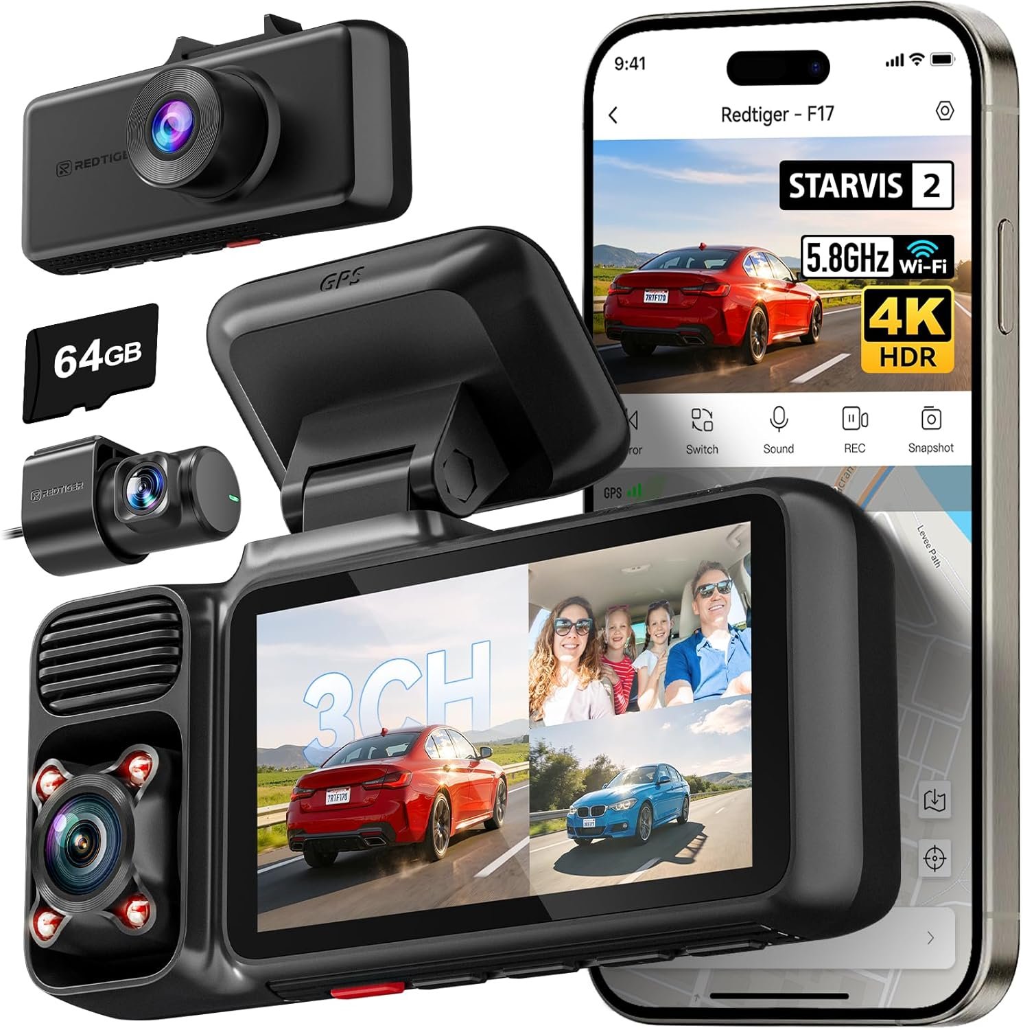 REDTIGER F17 three channel dash cam with front, cabin and rear cameras and a memory card