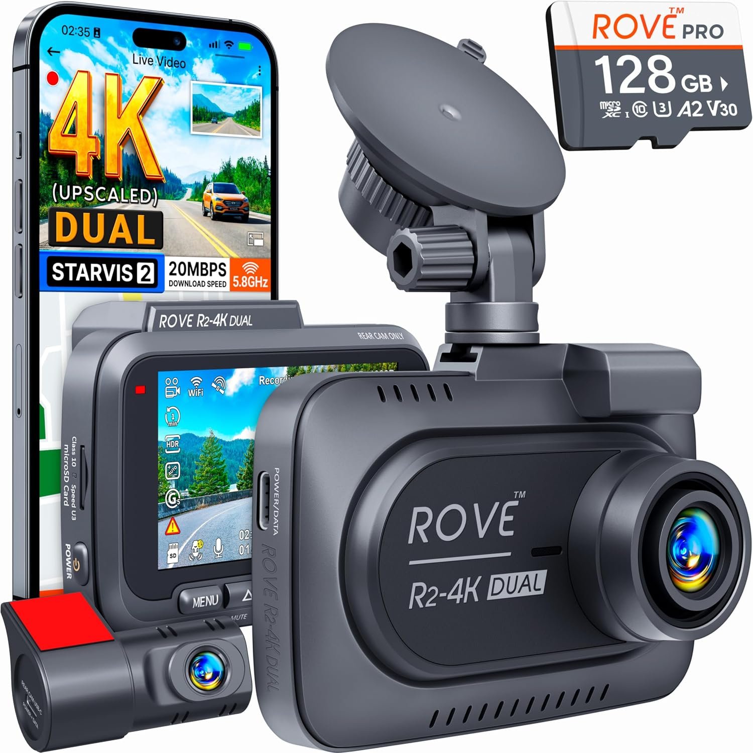 ROVE R2-4K dual dash cam on its suction mount with a 128GB memory card