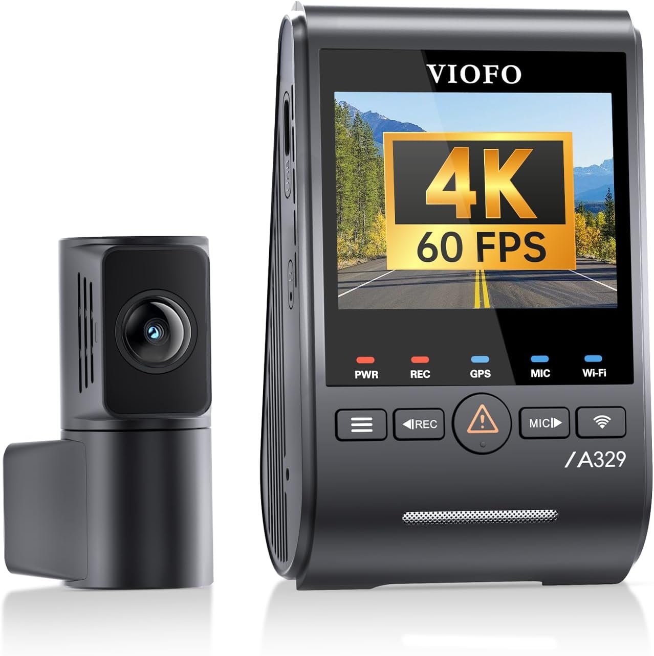 VIOFO A329S 4K dash cam with its separate rear camera module beside it