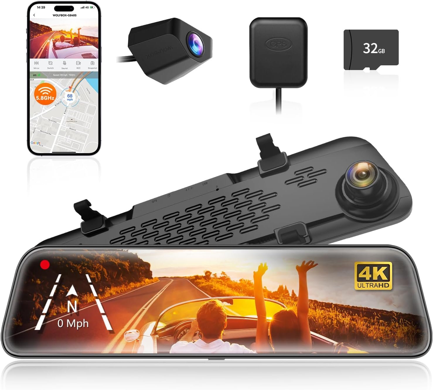 WOLFBOX G840S 12 inch mirror dash cam showing a rear view on its full-width display