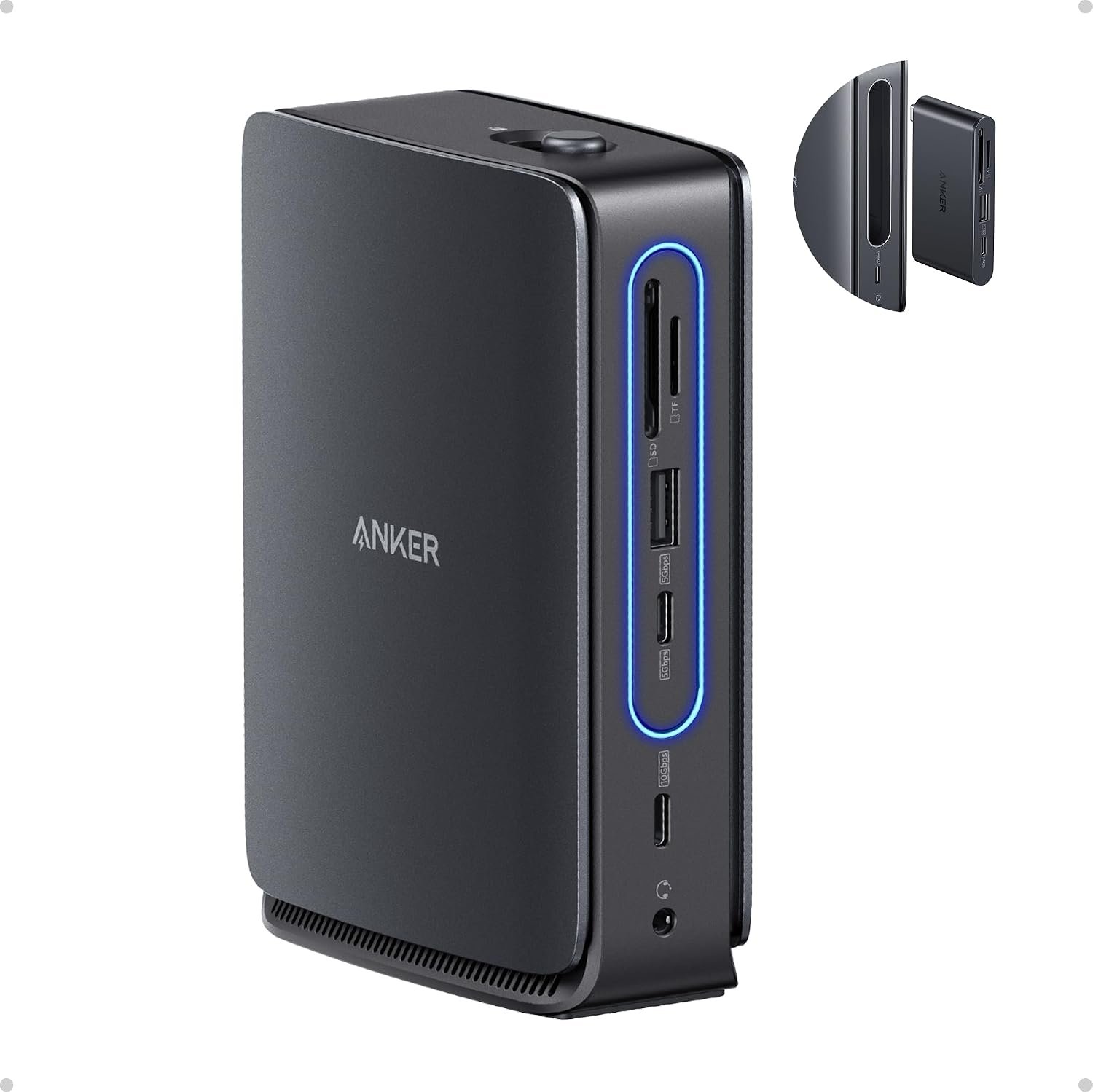 Anker Nano 13-in-1 docking station in black with its detachable 6-in-1 portable hub beside it
