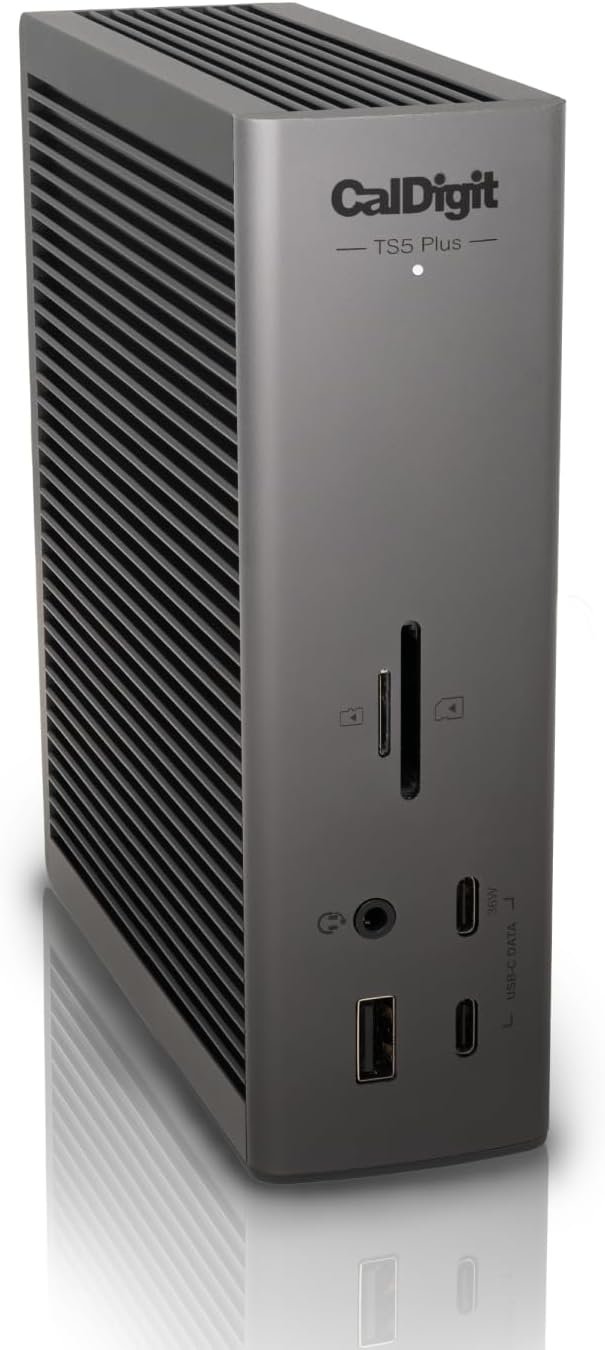 CalDigit TS5 Plus Thunderbolt 5 docking station standing vertically with its port array visible
