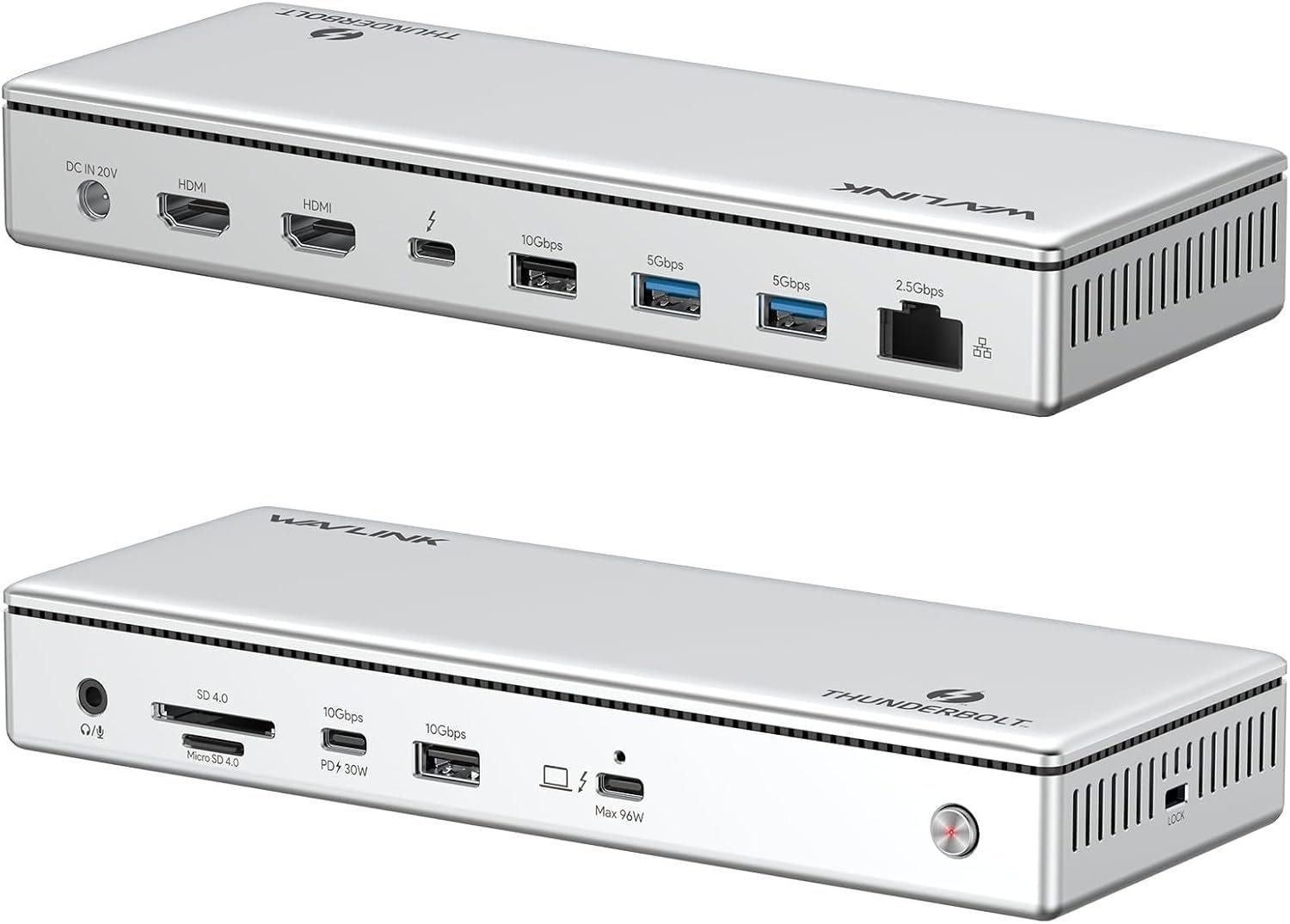 WAVLINK Thunderbolt 4 dock in silver shown from the front and rear with its ports labelled