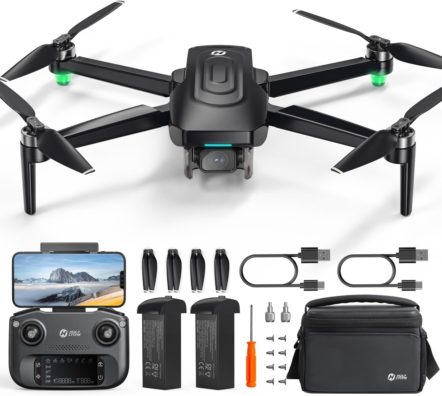 Holy Stone HS175G folding GPS drone in black with its controller, batteries and carry case