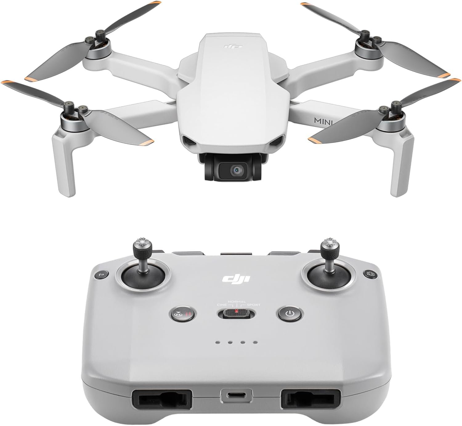 DJI Mini 4K drone in light grey with its plain remote controller