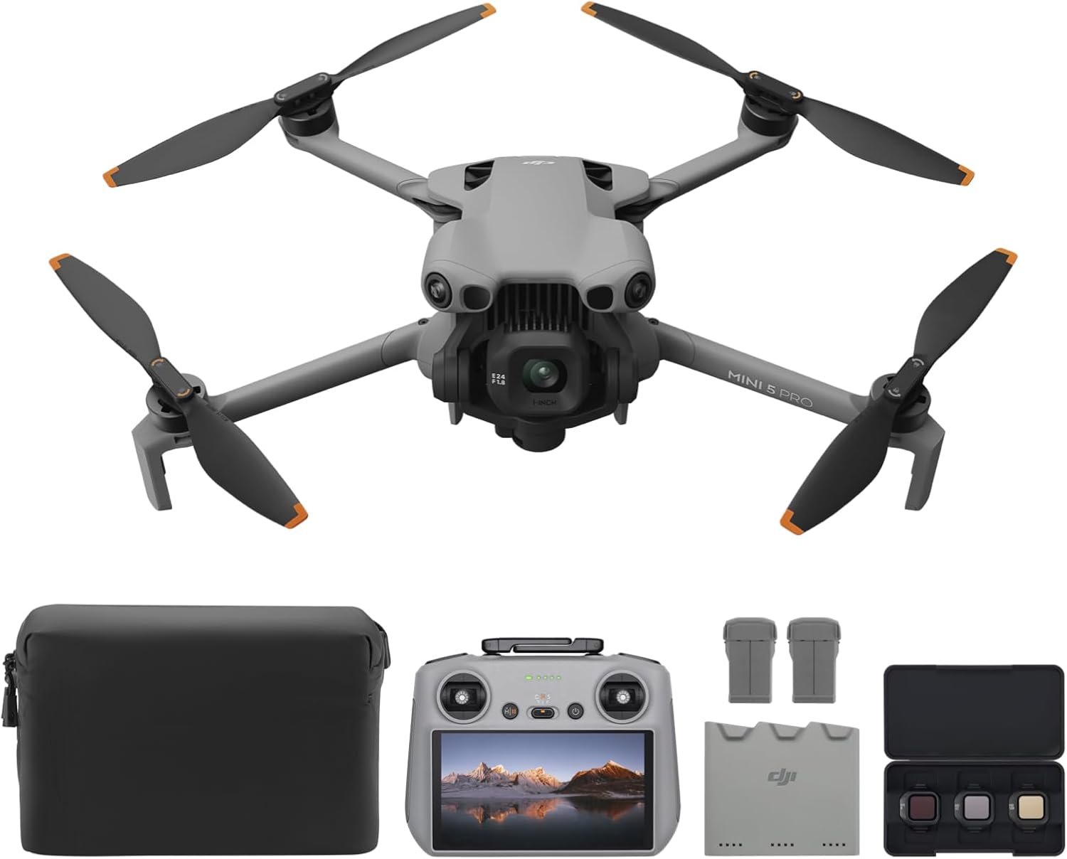 DJI Mini 5 Pro palm-sized folding drone with its controller and accessories