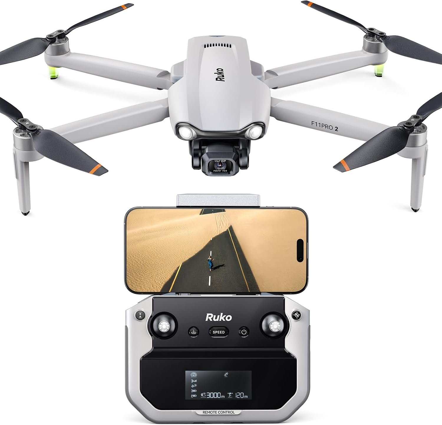 Ruko F11PRO 2 drone in grey with its controller showing a phone mounted above it