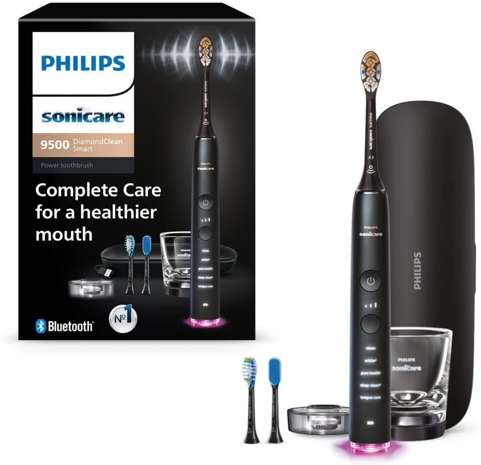 Philips Sonicare DiamondClean 9500 electric toothbrush in black with charging glass and travel case