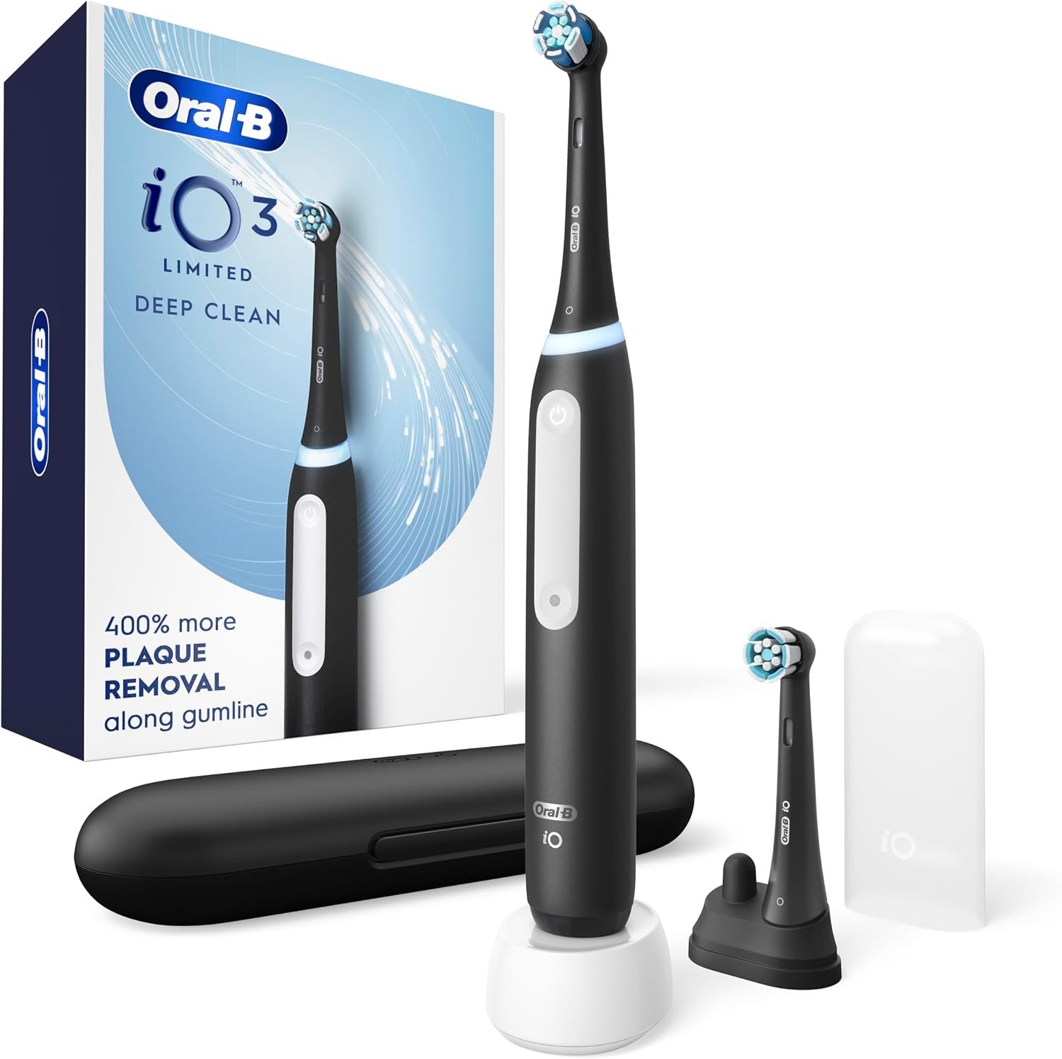 Oral-B iO Series 3 electric toothbrush in black with two round brush heads and a travel case