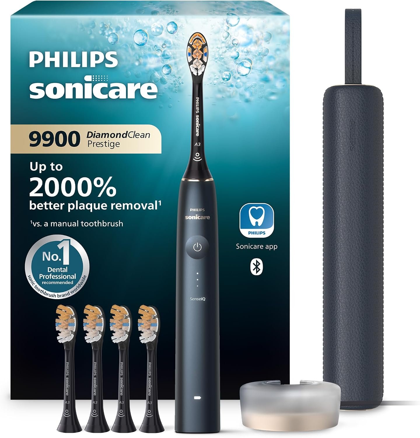 Philips Sonicare 9900 Prestige electric toothbrush in blue with five brush heads and a charging puck