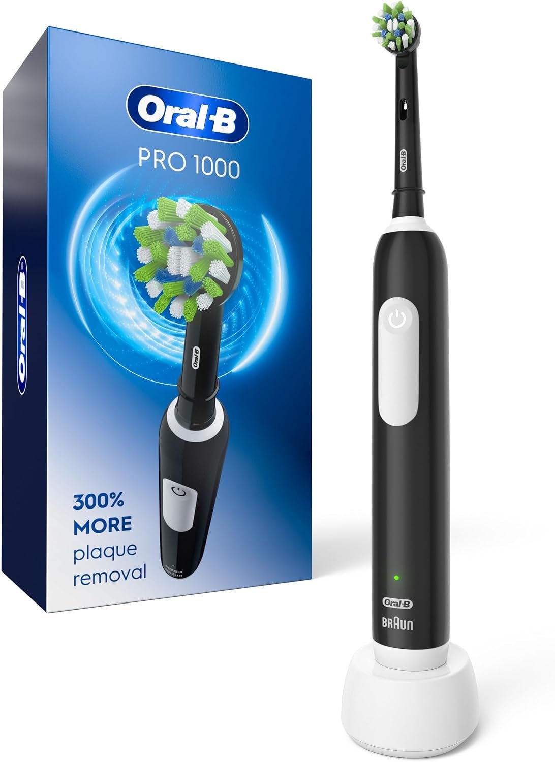 Oral-B Pro 1000 electric toothbrush in black standing on its round charging base