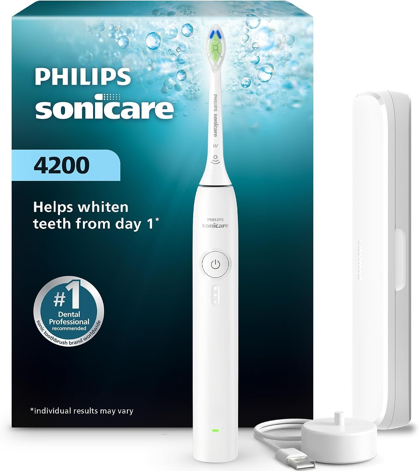 Philips Sonicare 4200 electric toothbrush in white with its USB charging stand and travel case