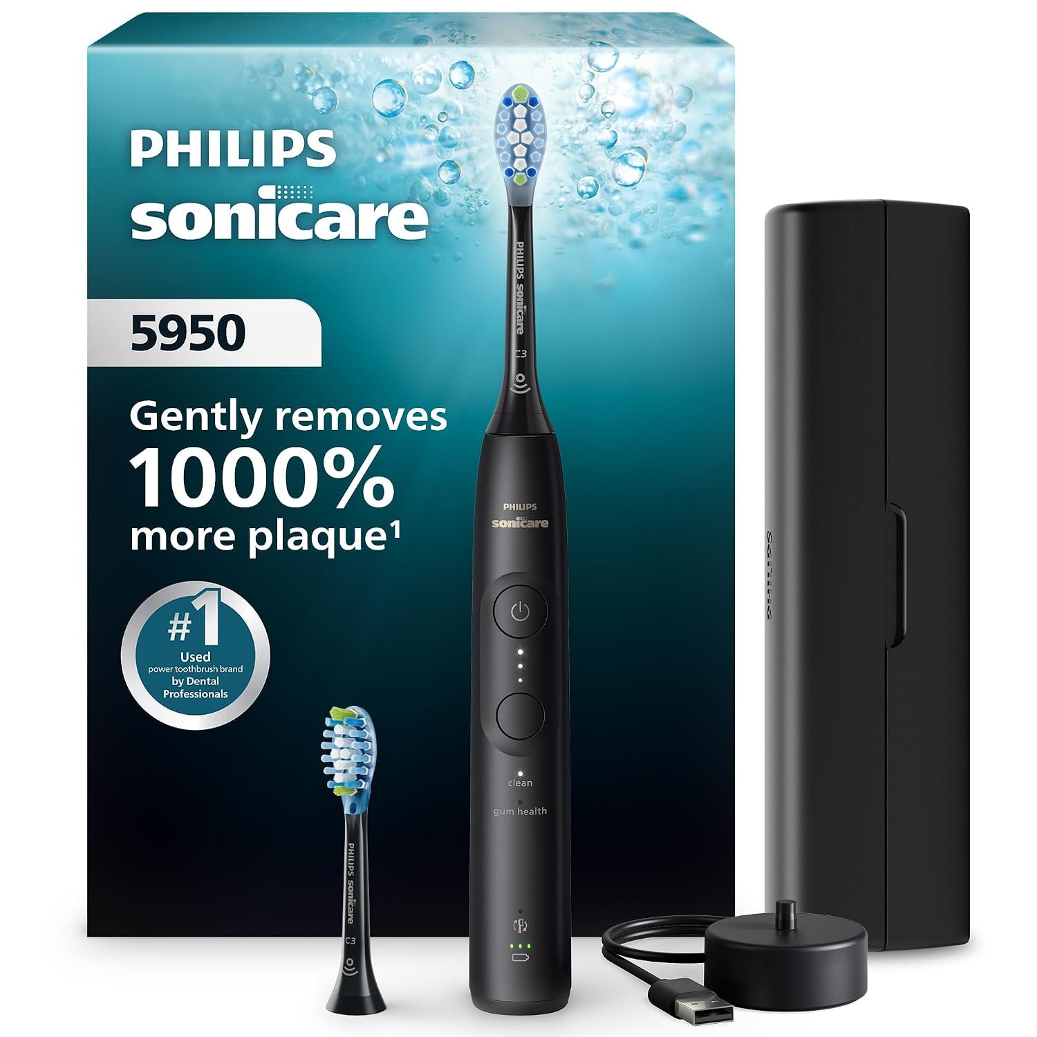 Philips Sonicare 5950 electric toothbrush in black with a spare brush head and a hard travel case