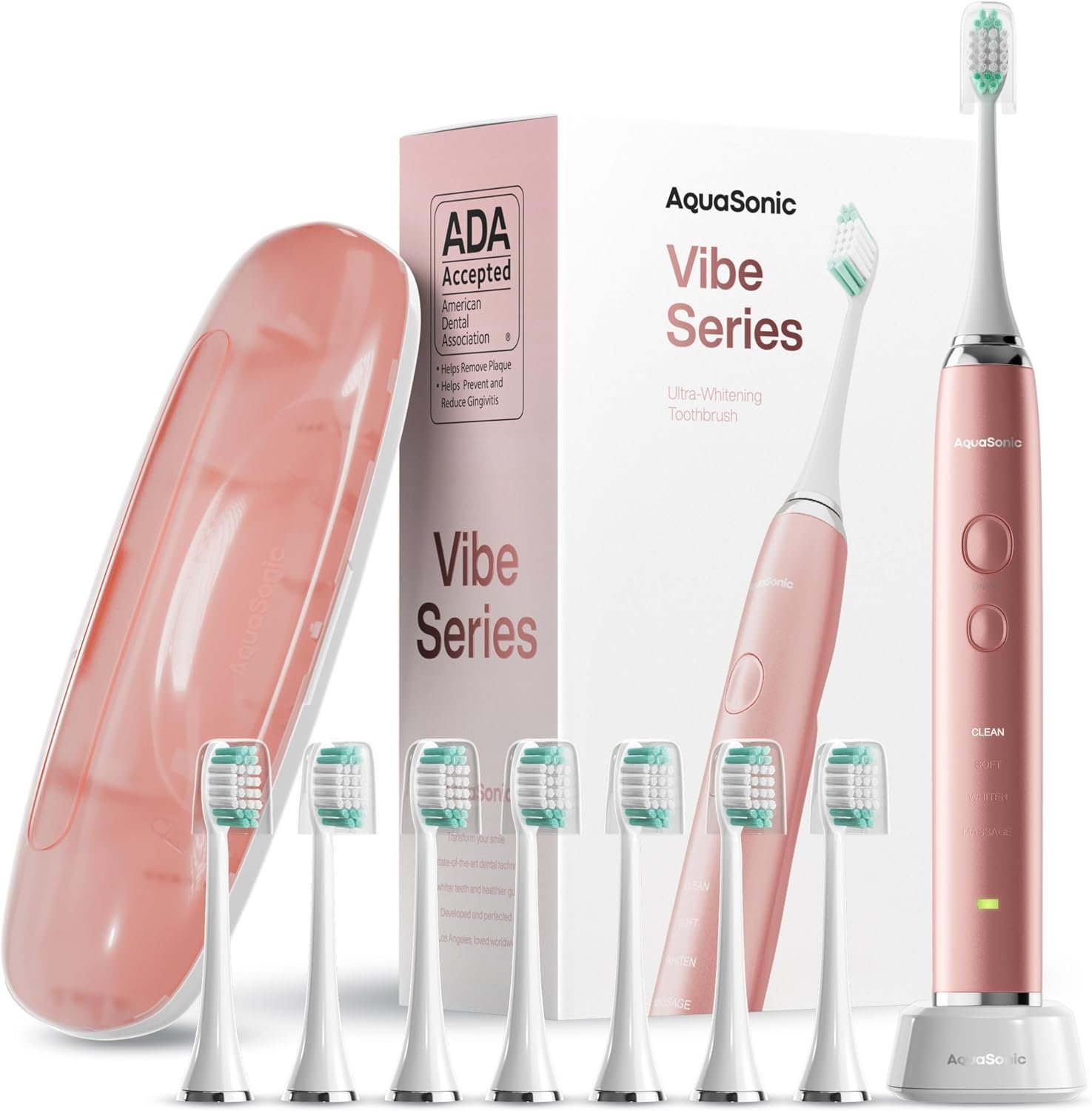 Aquasonic Vibe Series electric toothbrush in rose gold with eight brush heads and a travel case