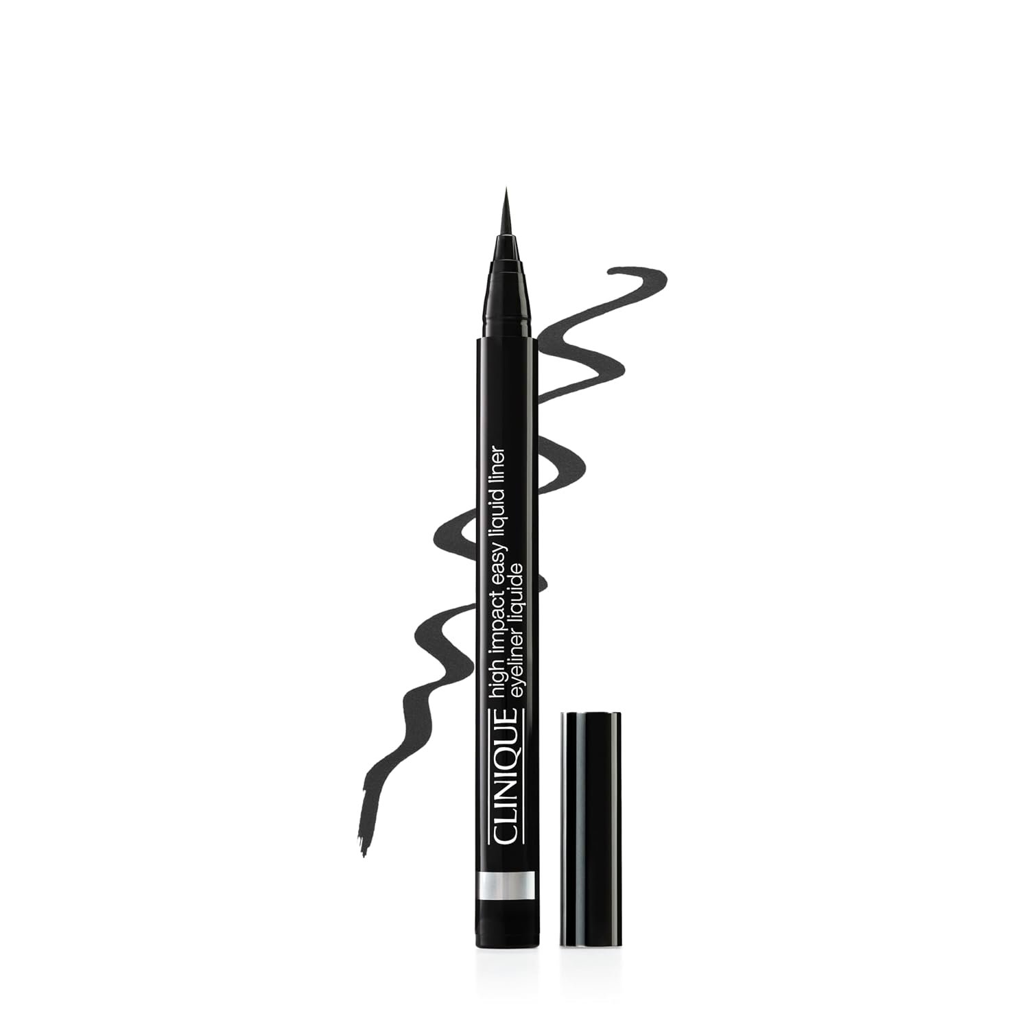 Clinique High Impact Easy Liquid Eyeliner pen in black with a drawn swatch behind it