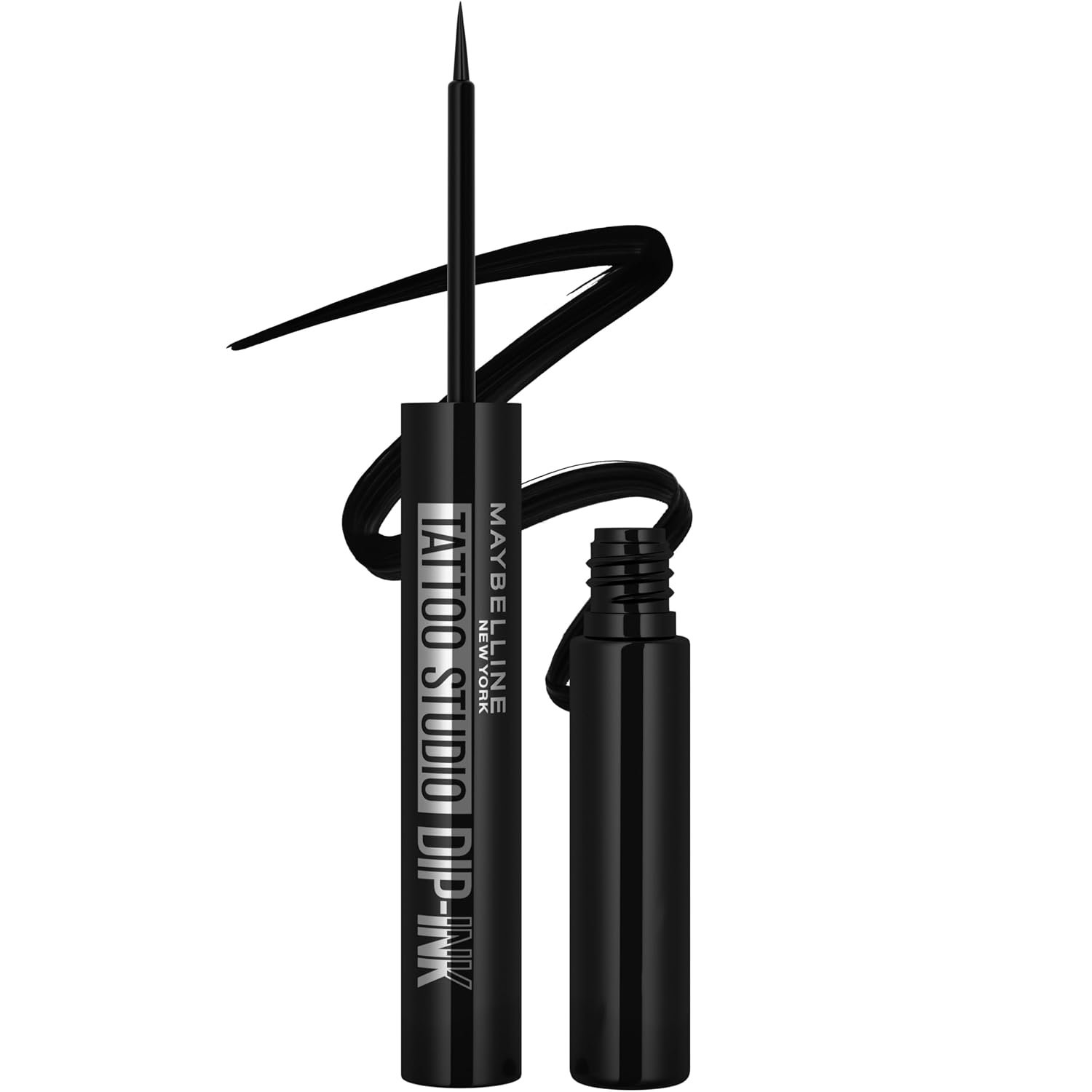 Maybelline Tattoo Studio Dip-Ink liquid eyeliner in a black pot with its felt applicator