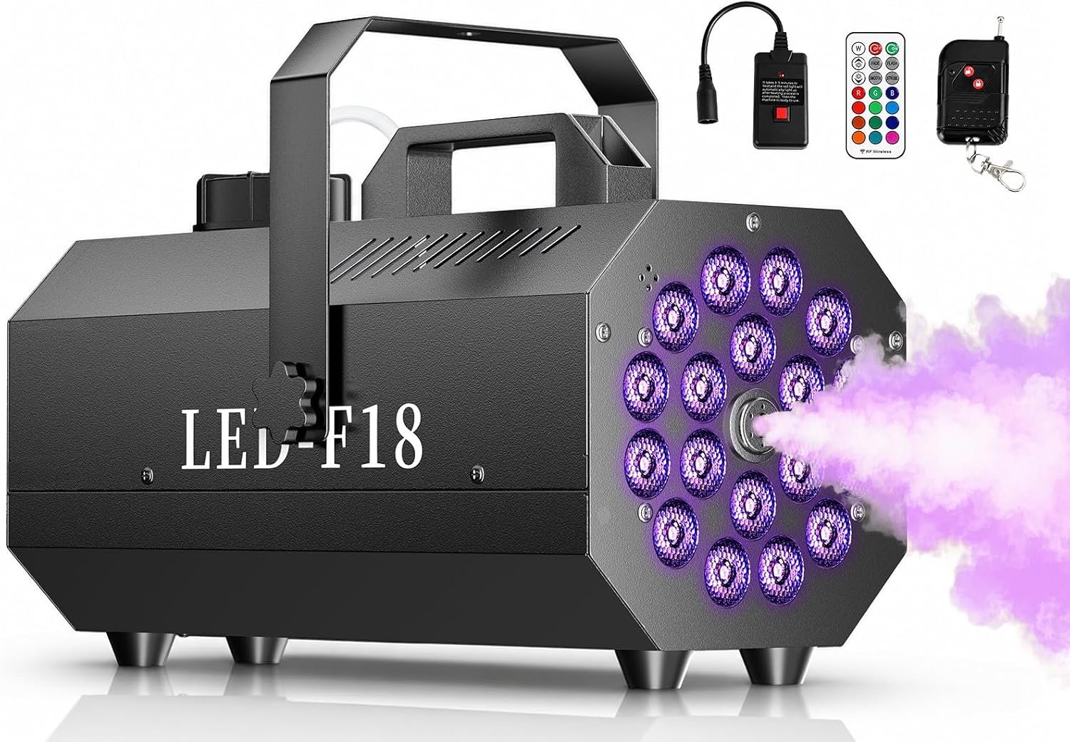 Dashsafe 1200W fog machine with 18 LED lights and a wireless remote