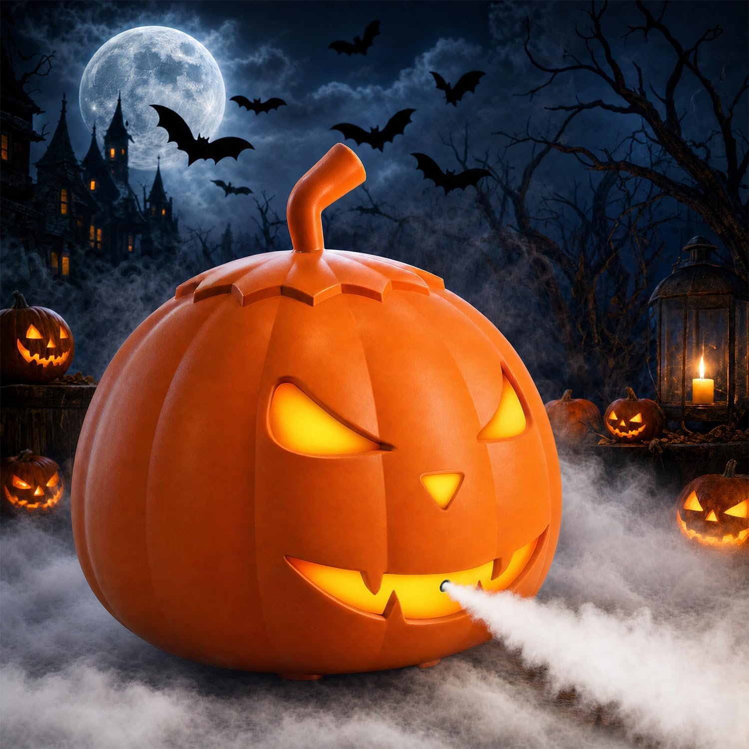 HOPOCO pumpkin-shaped Halloween fog machine lit in orange