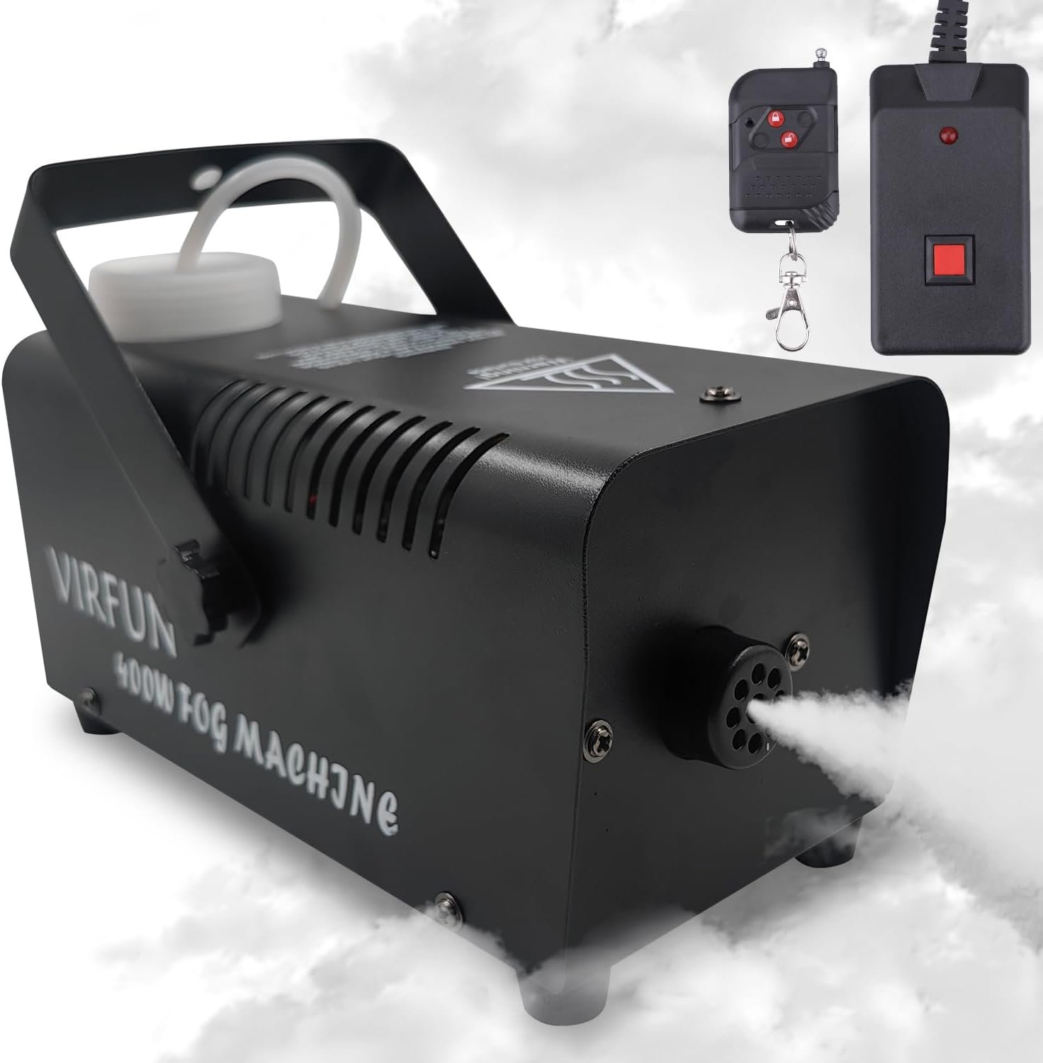 VIRFUN compact fog machine with its remote control beside it