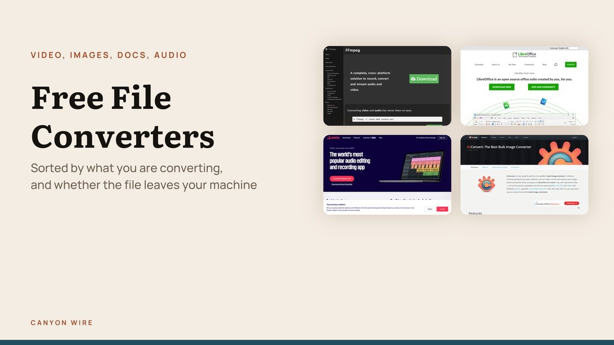Free file converters shown as four developer page captures