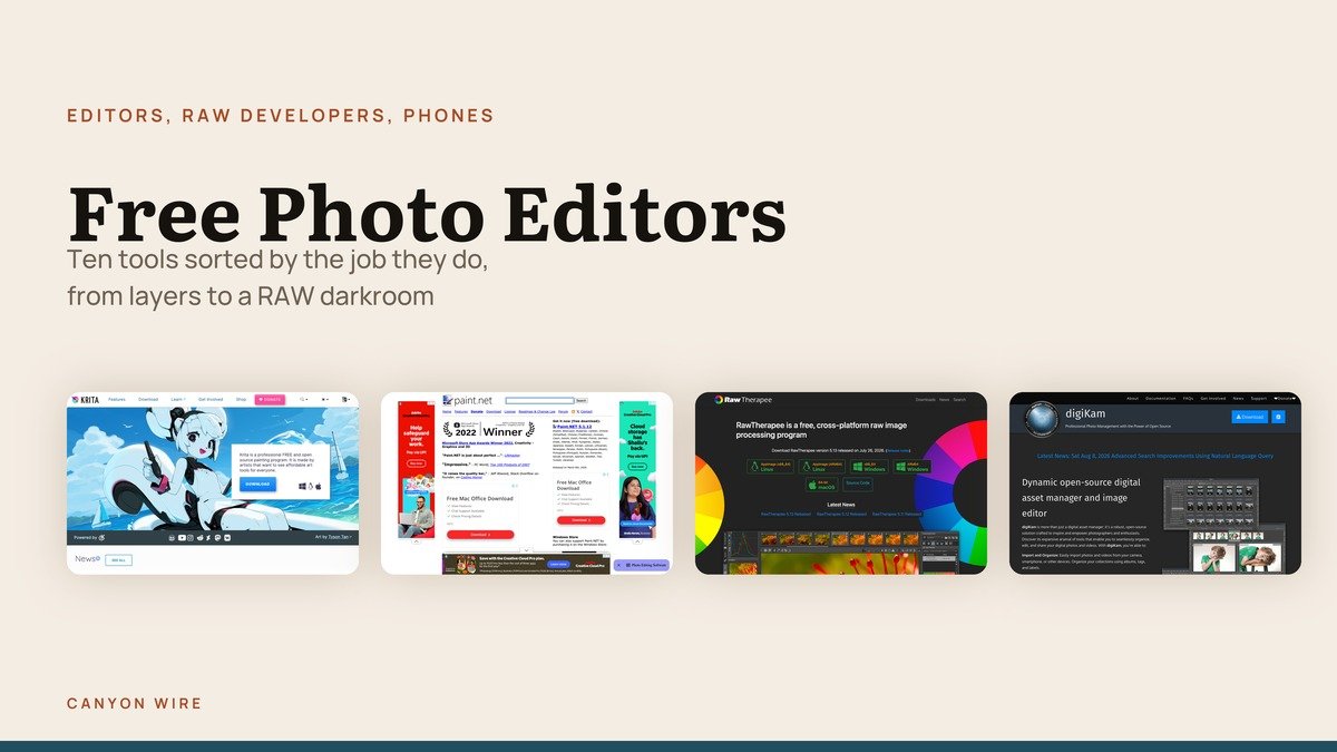 Free photo editors shown as four developer page captures