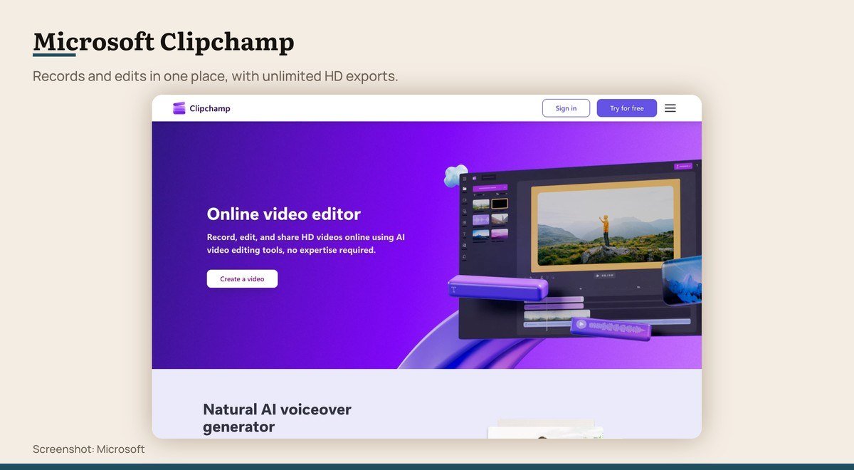 Microsoft Clipchamp shown on the Microsoft page
